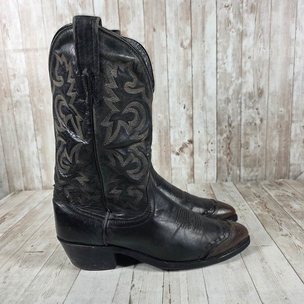 Chisholm Mens Black Leather Western Cowboy Boots Two Tone Pointed Toe 12D 1880